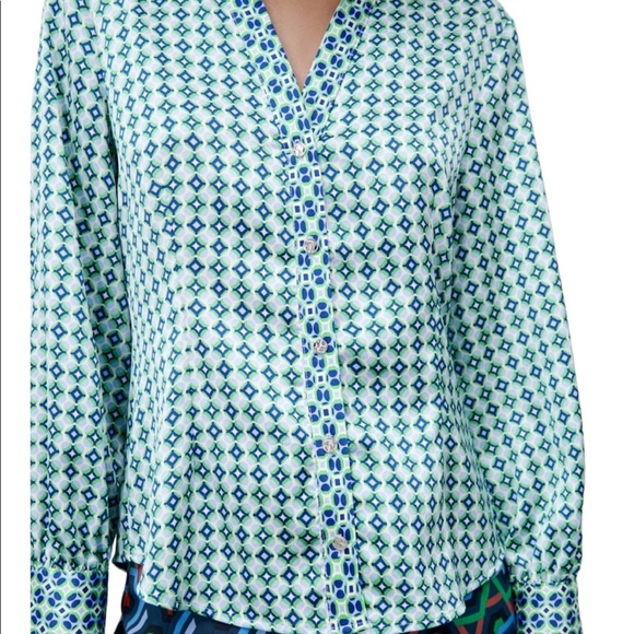 Zara Women Size M Blouse Collarless Long Sleeve Shirt Blue Green Geometric New - Picture 4 of 13